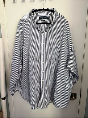 Ralph Lauren Men's Navy and White Striped Button-Up Shirt 6XB